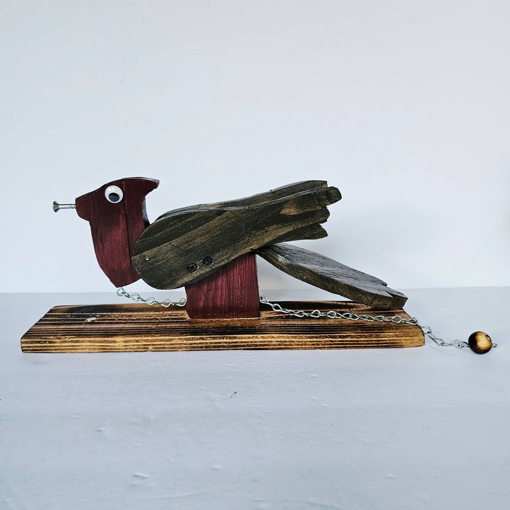 Handmade Wooden Pecking Bird Toy Cardinal Folk Art Pull Chain Kinetic Sculpture‎